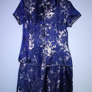 2 Pc Mandarin Collar Pankou Knot Floral Top & Skirt Set